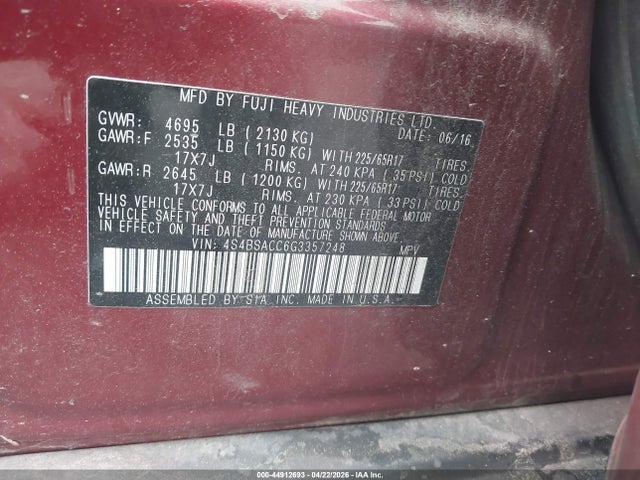 Aukcja sprzedaży 2016 Subaru Outback 2.5i Premium, vin: 4S4BSACC6G3357248, numer aukcji: 44912693