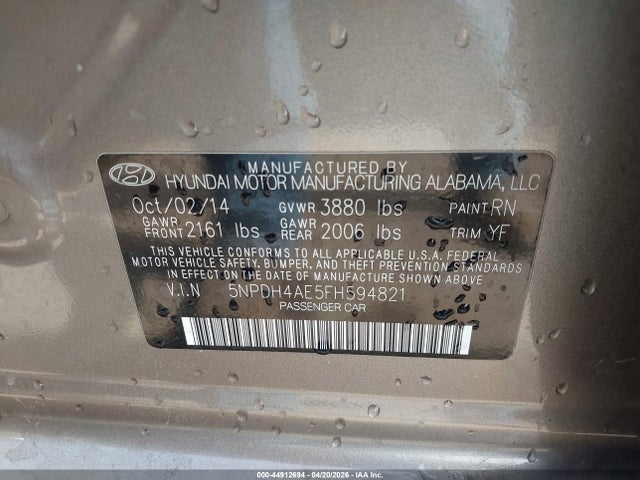 Aukcja sprzedaży 2015 Hyundai Elantra Se, vin: 5NPDH4AE5FH594821, numer aukcji: 44912694