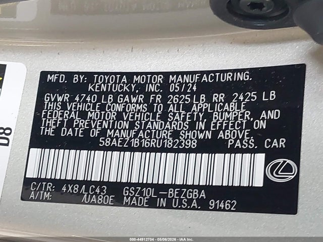 44912704 :رقم المزاد ، 58AEZ1B16RU182398 vin ، 2024 Lexus Es 350 Luxury مزاد بيع