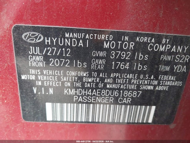 44912706 :رقم المزاد ، KMHDH4AE8DU618687 vin ، 2013 Hyundai Elantra Gls/limited مزاد بيع