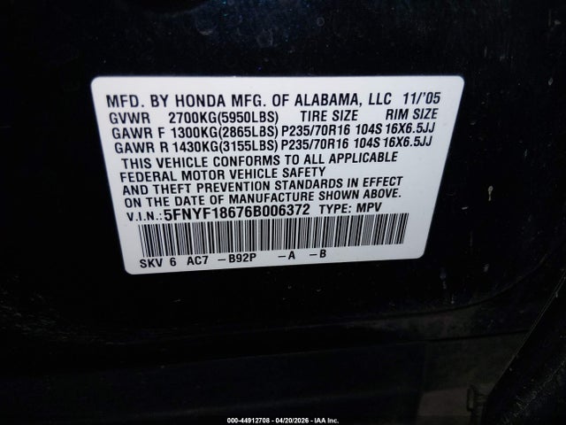 Aukcja sprzedaży 2006 Honda Pilot Ex-l, vin: 5FNYF18676B006372, numer aukcji: 44912708