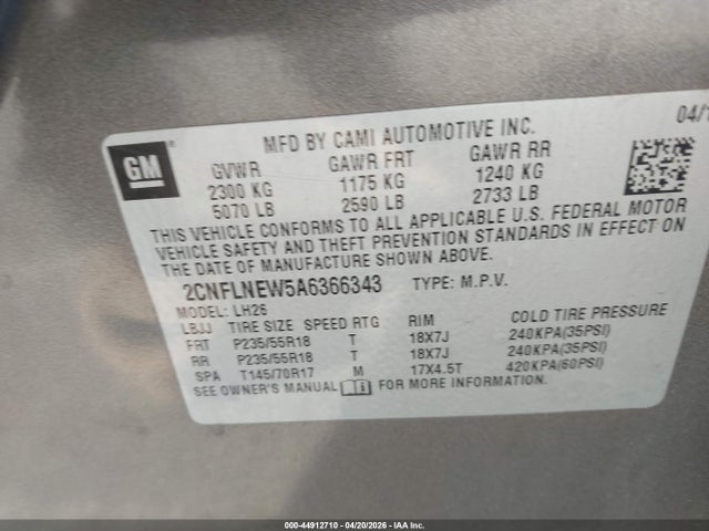 Продажа на аукционе авто 2010 Chevrolet Equinox Lt, vin: 2CNFLNEW5A6366343, номер лота: 44912710