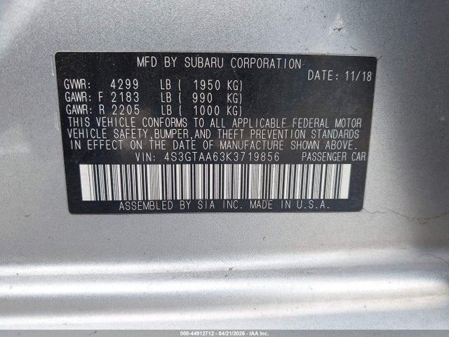 Aukcja sprzedaży 2019 Subaru Impreza 2.0i, vin: 4S3GTAA63K3719856, numer aukcji: 44912712