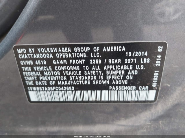 Продаж на аукціоні авто 2015 Volkswagen Passat 1.8t Se, vin: 1VWBS7A38FC042683, номер лоту: 44912717