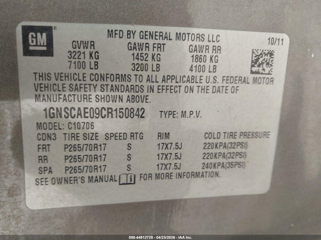 Aukcja sprzedaży 2012 Chevrolet Tahoe Ls, vin: 1GNSCAE09CR150842, numer aukcji: 44912729