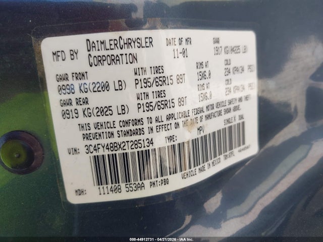 44912731 :رقم المزاد ، 3C4FY48BX2T285134 vin ، 2002 Chrysler Pt Cruiser مزاد بيع