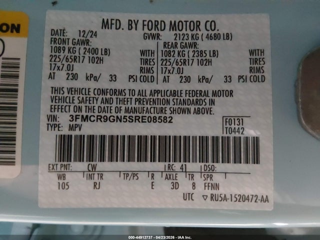 Продажа на аукционе авто 2025 Ford Bronco Sport Heritage, vin: 3FMCR9GN5SRE08582, номер лота: 44912737