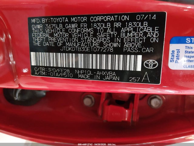 Aukcja sprzedaży 2014 Toyota Prius C Two, vin: JTDKDTB30E1077278, numer aukcji: 44912742