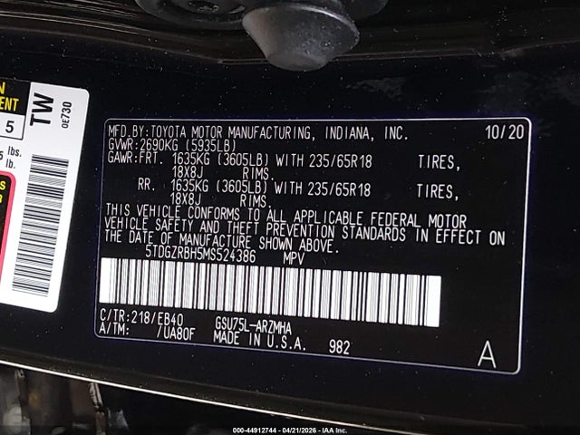 5TDGZRBH5MS524386 Toyota Highlander Xle