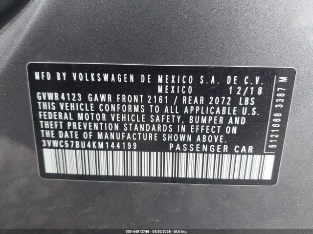 Aukcja sprzedaży 2019 Volkswagen Jetta 1.4t R-line/1.4t S/1.4t Se, vin: 3VWC57BU4KM144199, numer aukcji: 44912746