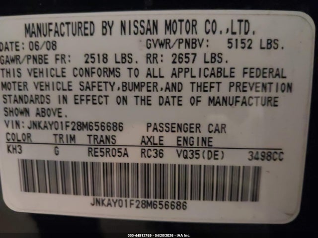 Aukcja sprzedaży 2008 Infiniti M35x, vin: JNKAY01F28M656686, numer aukcji: 44912769