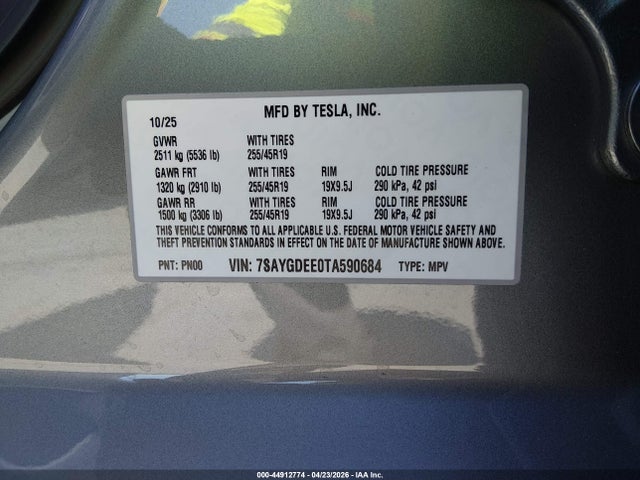 Продаж на аукціоні авто 2026 Tesla Model Y All-wheel Drive/long Range Launch Series/premium All-wheel Drive, vin: 7SAYGDEE0TA590684, номер лоту: 44912774