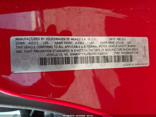 Aukcja sprzedaży 2012 Volkswagen Jetta 2.5l Se, vin: 3VWDP7AJ5CM031076, numer aukcji: 44912779