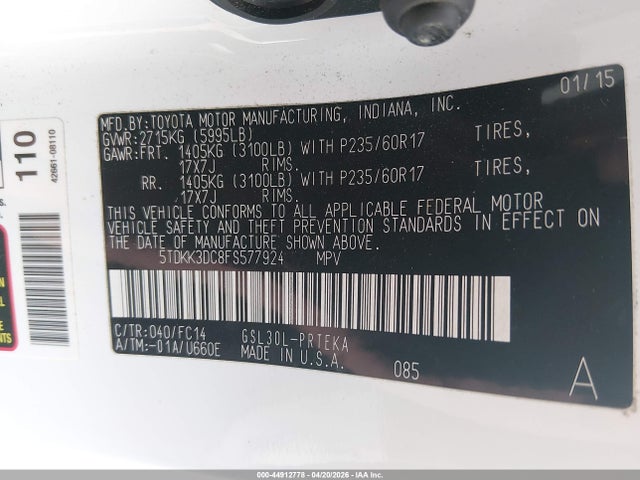 Продажа на аукционе авто 2015 Toyota Sienna Le 8 Passenger, vin: 5TDKK3DC8FS577924, номер лота: 44912778