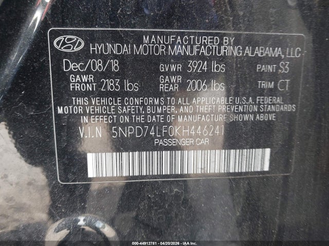 Aukcja sprzedaży 2019 Hyundai Elantra Se, vin: 5NPD74LF0KH446241, numer aukcji: 44912781