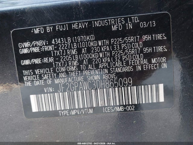 2013 Subaru Xv Crosstrek 2.0i Premium მანქანა იყიდება აუქციონზე, vin: JF2GPAWC3DH865099, აუქციონის ნომერი: 44912782