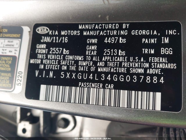 Продажа на аукционе авто 2016 Kia Optima Ex, vin: 5XXGU4L34GG037884, номер лота: 44912785