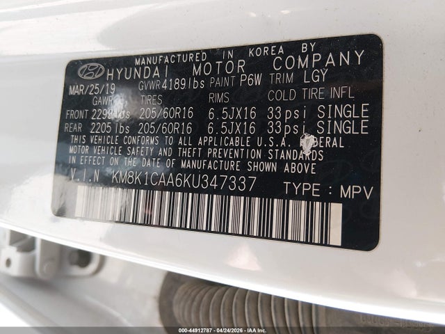 Aukcja sprzedaży 2019 Hyundai Kona Se, vin: KM8K1CAA6KU347337, numer aukcji: 44912787