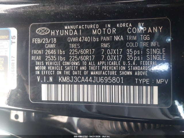 Aukcja sprzedaży 2018 Hyundai Tucson Sel, vin: KM8J3CA44JU695801, numer aukcji: 44912792