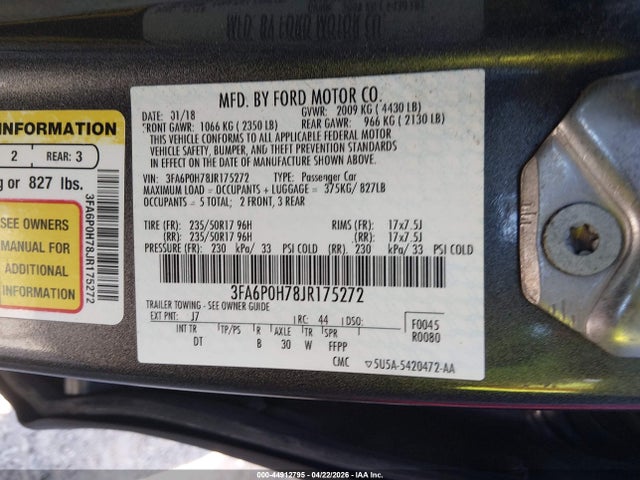Продажа на аукционе авто 2018 Ford Fusion Se, vin: 3FA6P0H78JR175272, номер лота: 44912795