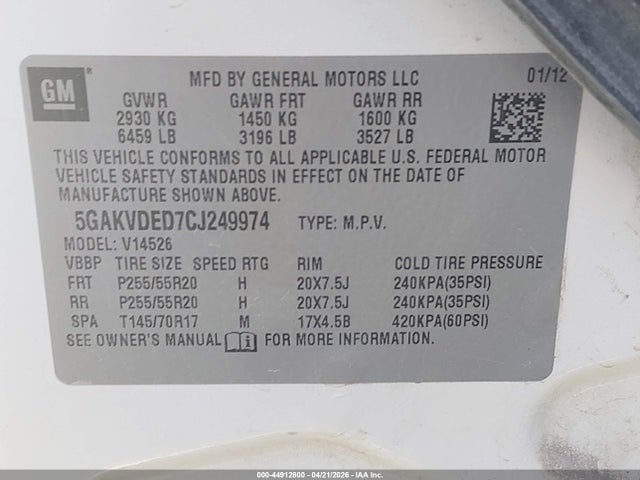 Продаж на аукціоні авто 2012 Buick Enclave Premium, vin: 5GAKVDED7CJ249974, номер лоту: 44912800