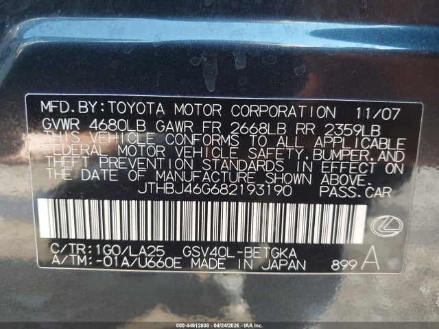 Продаж на аукціоні авто 2008 Lexus Es 350, vin: JTHBJ46G682193190, номер лоту: 44912808