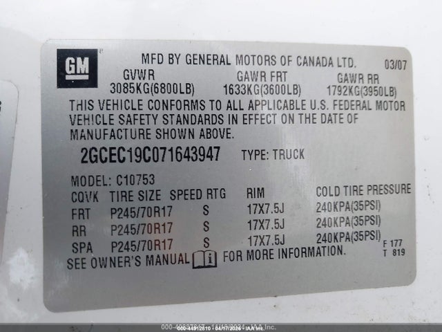 Aukcja sprzedaży 2007 Chevrolet Silverado 1500 Work Truck, vin: 2GCEC19C071643947, numer aukcji: 44912810