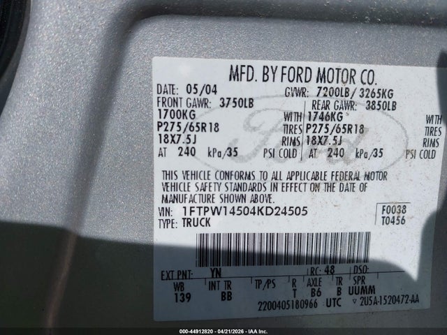Продажа на аукционе авто 2004 Ford F-150 Fx4/lariat/xlt, vin: 1FTPW14504KD24505, номер лота: 44912820