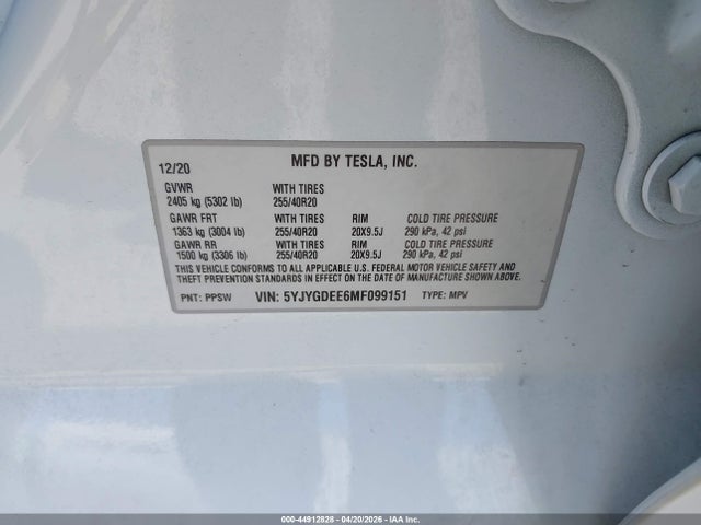 Aukcja sprzedaży 2021 Tesla Model Y Long Range Dual Motor All-wheel Drive, vin: 5YJYGDEE6MF099151, numer aukcji: 44912828