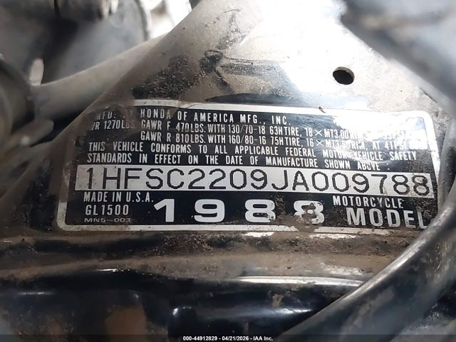 Aukcja sprzedaży 1988 Honda Gl1500, vin: 1HFSC2209JA009788, numer aukcji: 44912829