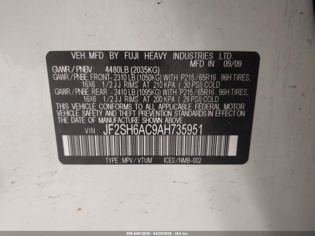 Продажа на аукционе авто 2010 Subaru Forester 2.5x, vin: JF2SH6AC9AH735951, номер лота: 44912830