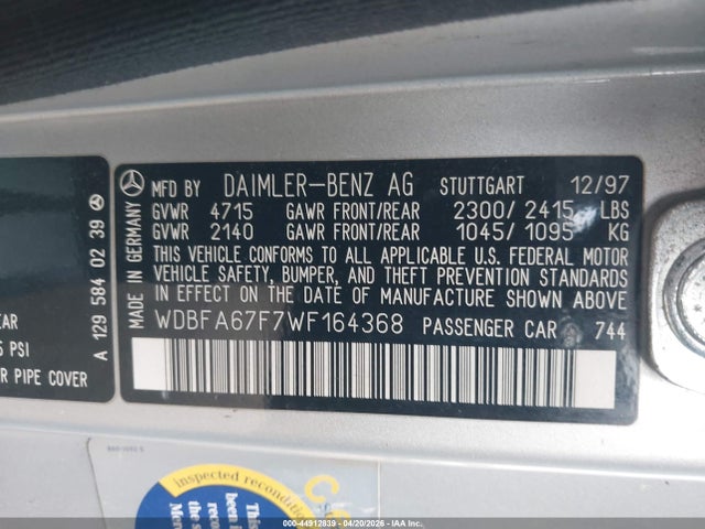 44912839 :رقم المزاد ، WDBFA67F7WF164368 vin ، 1998 Mercedes-benz Sl 500 مزاد بيع