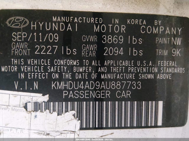 Aukcja sprzedaży 2010 Hyundai Elantra Gls, vin: KMHDU4AD9AU887733, numer aukcji: 44912848
