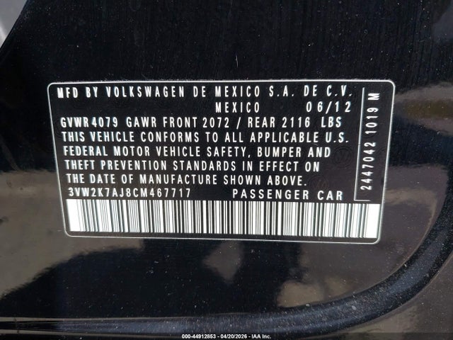 44912853 :رقم المزاد ، 3VW2K7AJ8CM467717 vin ، 2012 Volkswagen Jetta 2.0l S مزاد بيع