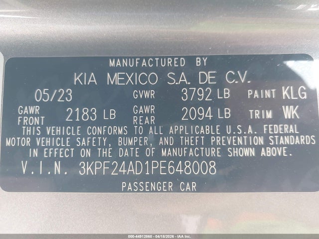 44912860 :رقم المزاد ، 3KPF24AD1PE648008 vin ، 2023 Kia Forte Lxs مزاد بيع