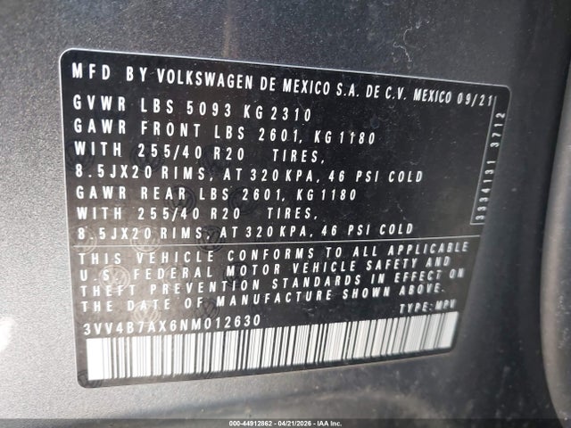Aukcja sprzedaży 2022 Volkswagen Tiguan 2.0t Sel R-line, vin: 3VV4B7AX6NM012630, numer aukcji: 44912862