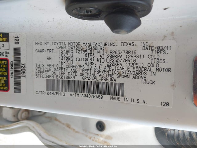 44912864 :رقم المزاد ، 5TFLU4EN1BX018689 vin ، 2011 Toyota Tacoma Base V6 مزاد بيع