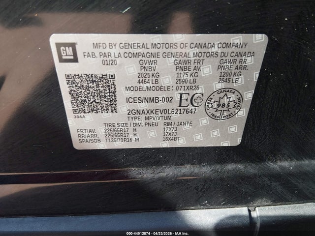 2020 Chevrolet Equinox Lt მანქანა იყიდება აუქციონზე, vin: 2GNAXKEV0L6217647, აუქციონის ნომერი: 44912874