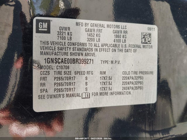 44912877 :رقم المزاد ، 1GNSCAE00BR399271 vin ، 2011 Chevrolet Tahoe Ls مزاد بيع