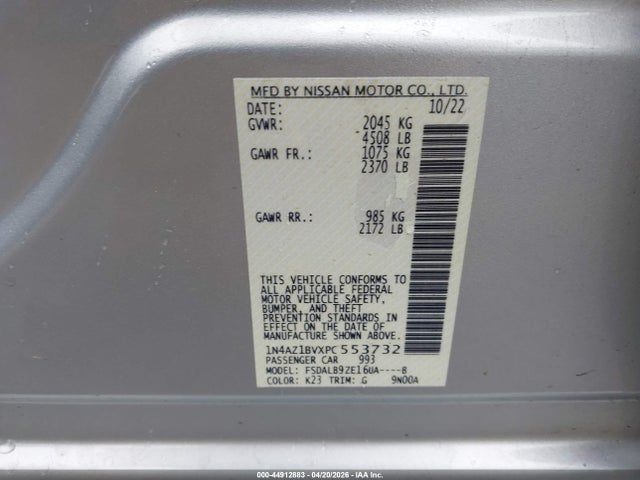 2023 Nissan Leaf S 40 Kwh მანქანა იყიდება აუქციონზე, vin: 1N4AZ1BVXPC553732, აუქციონის ნომერი: 44912883