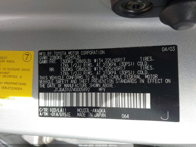 Продаж на аукціоні авто 2004 Lexus Rx 330, vin: JTJGA31U740005892, номер лоту: 44912895