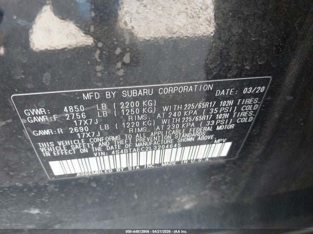 44912906 :رقم المزاد ، 4S4BTAEC2L3204645 vin ، 2020 Subaru Outback Premium مزاد بيع