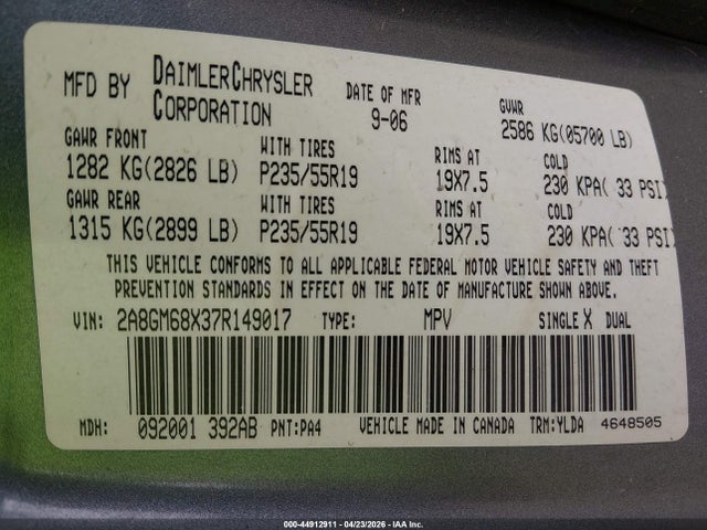 2007 Chrysler Pacifica Touring მანქანა იყიდება აუქციონზე, vin: 2A8GM68X37R149017, აუქციონის ნომერი: 44912911