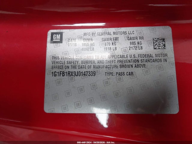 Aukcja sprzedaży 2018 Chevrolet Camaro 1lt, vin: 1G1FB1RX9J0147339, numer aukcji: 44912924