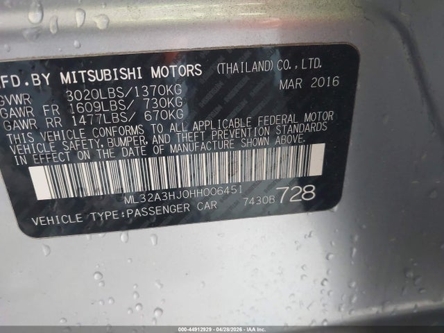 Aukcja sprzedaży 2017 Mitsubishi Mirage Es, vin: ML32A3HJ0HH006451, numer aukcji: 44912929