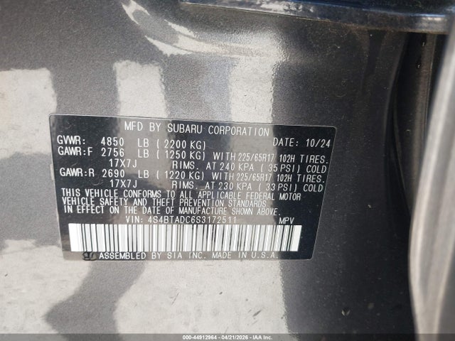 Продаж на аукціоні авто 2025 Subaru Outback Premium, vin: 4S4BTADC6S3172511, номер лоту: 44912964