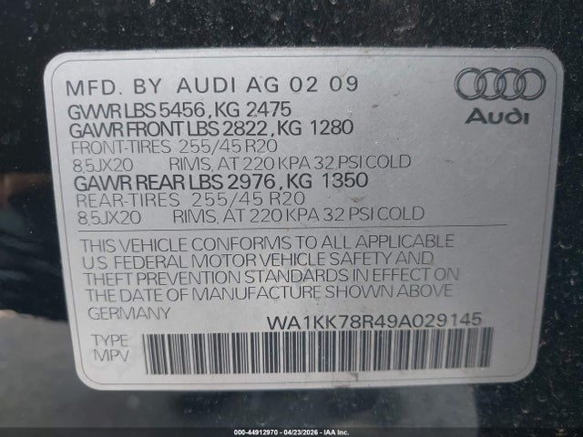 44912970 :رقم المزاد ، WA1KK78R49A029145 vin ، 2009 Audi Q5 3.2 Premium مزاد بيع