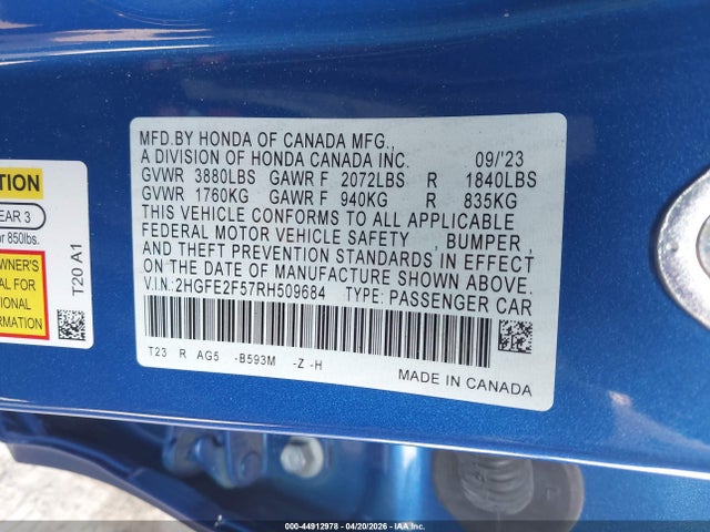 Продажа на аукционе авто 2024 Honda Civic Sport, vin: 2HGFE2F57RH509684, номер лота: 44912978