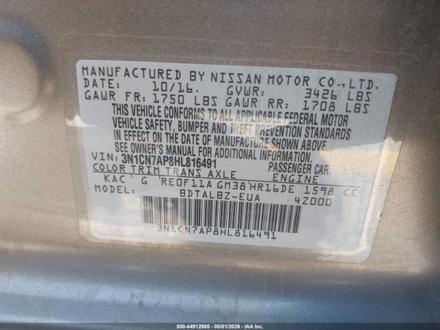 3N1CN7AP8HL816491 Nissan Versa 1.6 Sv