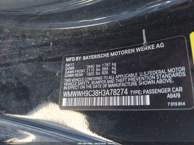 44912994 :رقم المزاد ، WMWWH9C38H3A78274 vin ، 2017 Mini Convertible John Cooper Works مزاد بيع